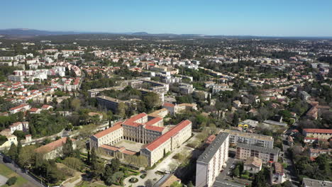 Residential-area-in-Montpellier-city-center-drone-shot-sunny-day,-buildings